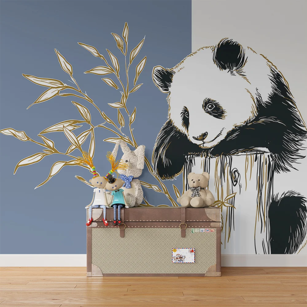 Lastenhuoneen tapetti | Söpö panda rungolla ja kultaisilla lehdillä