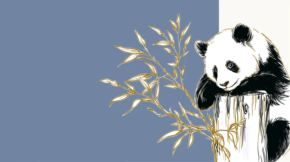Lastenhuoneen tapetti | Söpö panda rungolla ja kultaisilla lehdillä