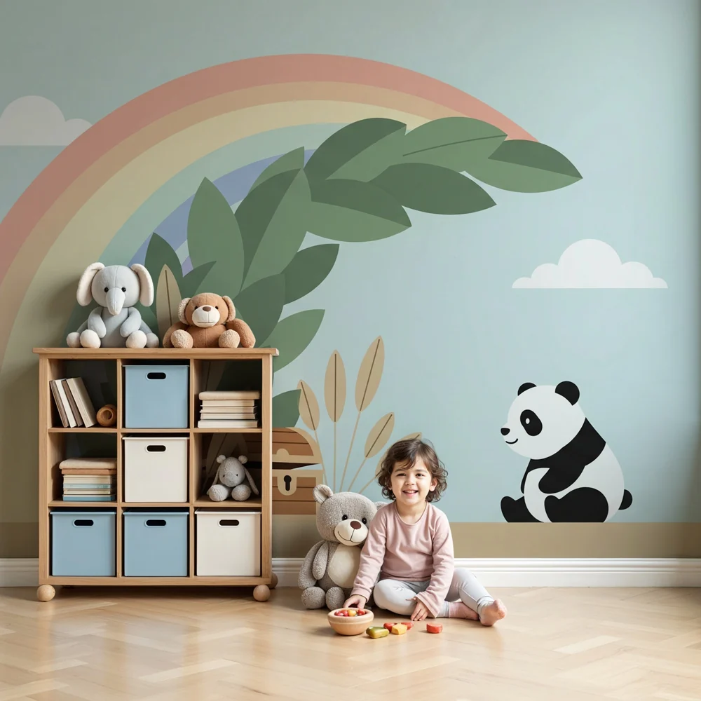 Lastenhuoneen tapetti | Panda ja sateenkaari taianomaisessa maailmassa