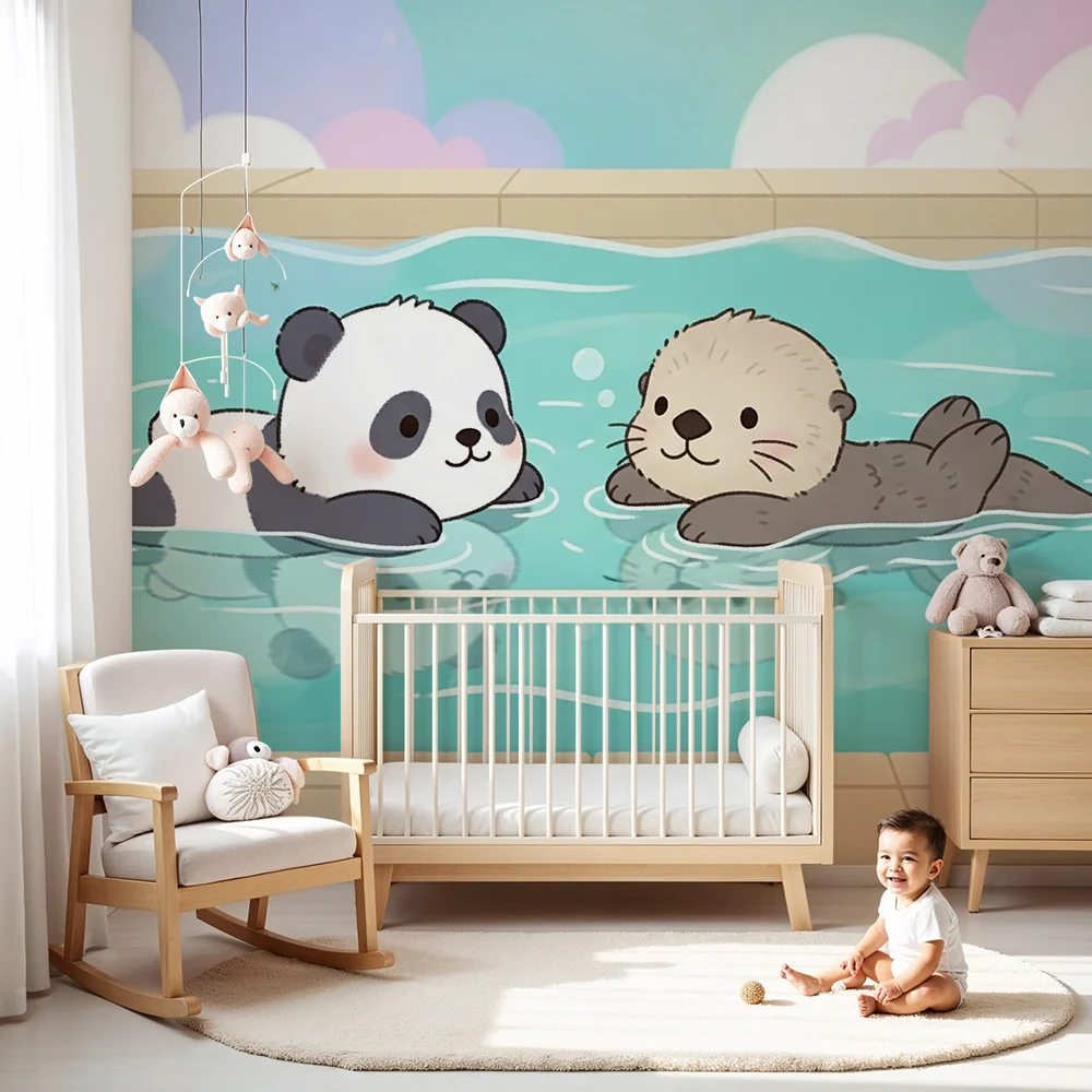 Lastenhuoneen tapetti | Panda ja saukko kylpevät täysin
