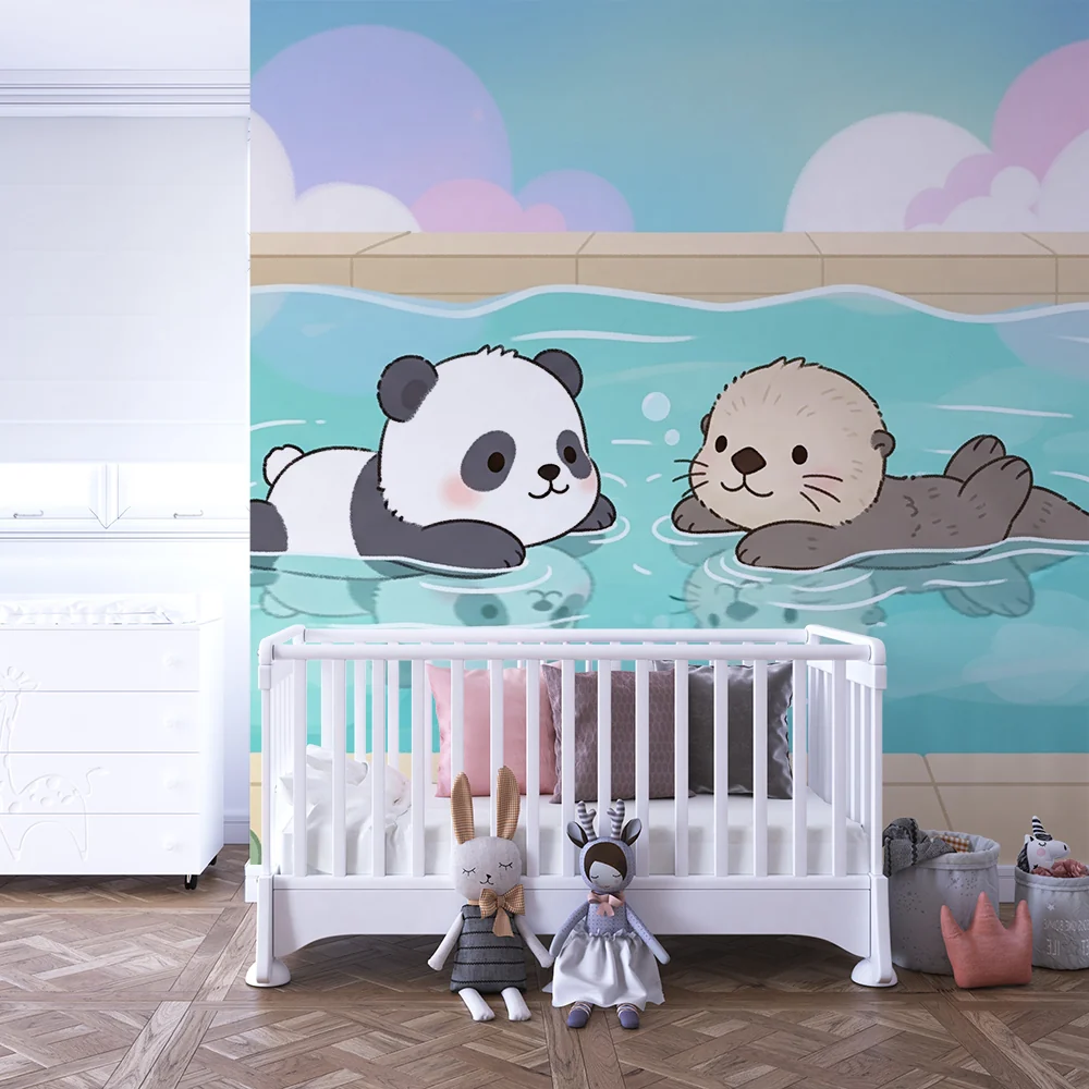 Lastenhuoneen tapetti | Panda ja saukko kylpevät täysin