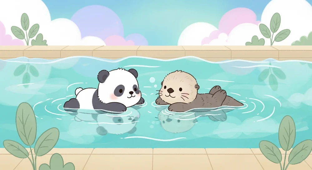 Lastenhuoneen tapetti | Panda ja saukko kylpevät täysin