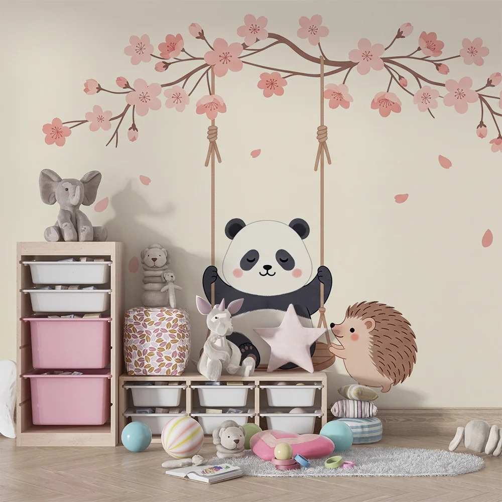 Lastenhuoneen tapetti | Panda ja siili kukkivien kirsikkapuiden alla
