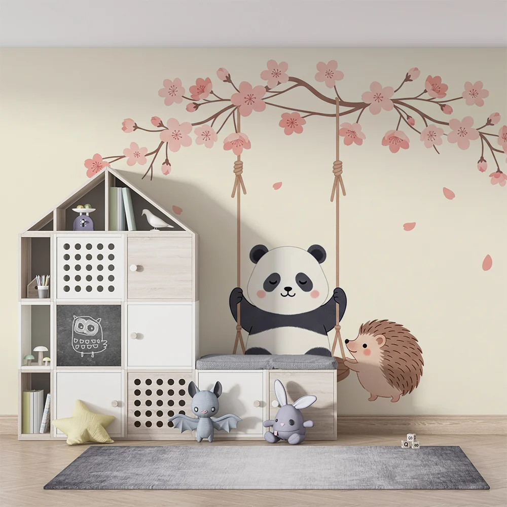 Lastenhuoneen tapetti | Panda ja siili kukkivien kirsikkapuiden alla