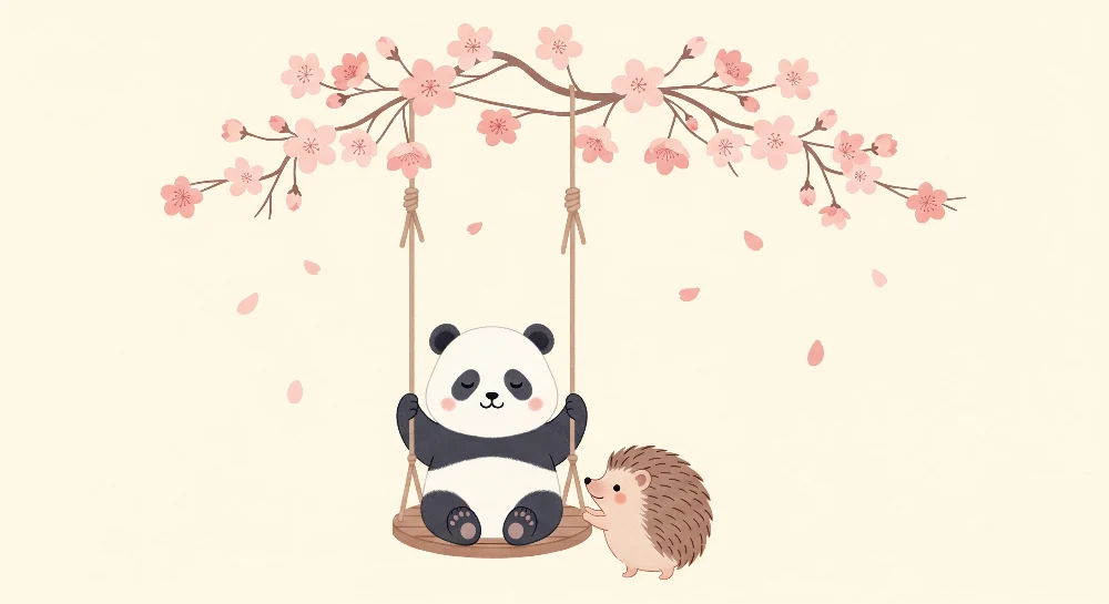 Lastenhuoneen tapetti | Panda ja siili kukkivien kirsikkapuiden alla