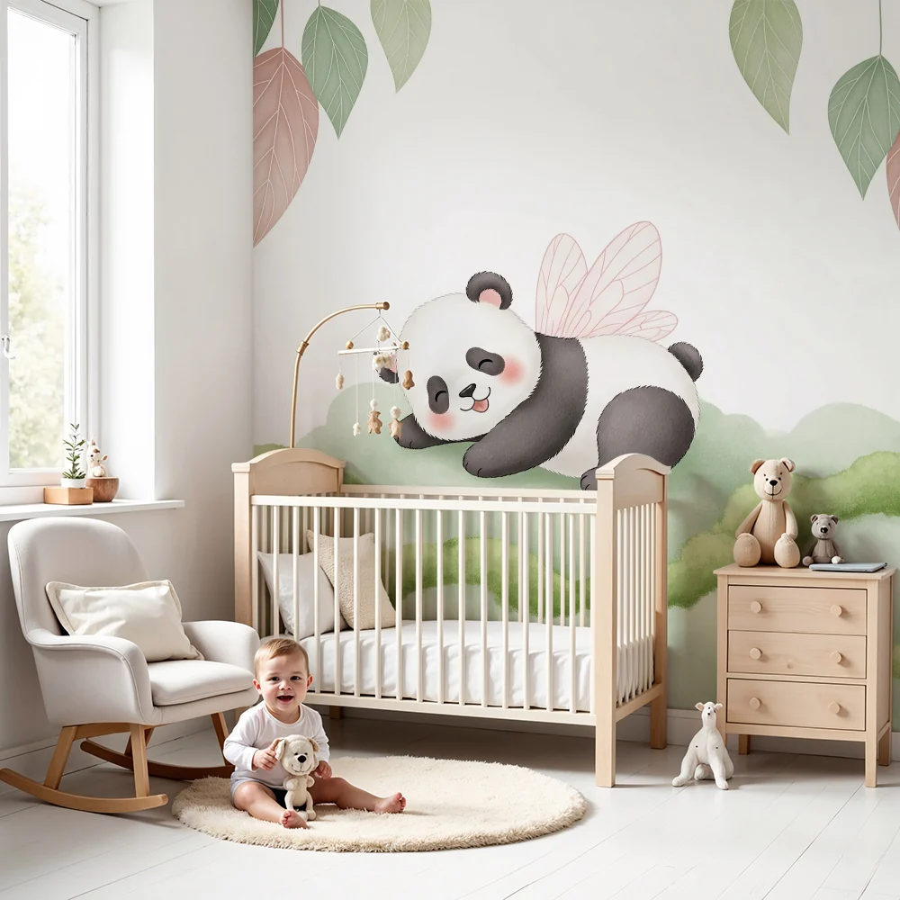 Lastenhuoneen tapetti | Söpö panda siivillä vihreällä pilvellä