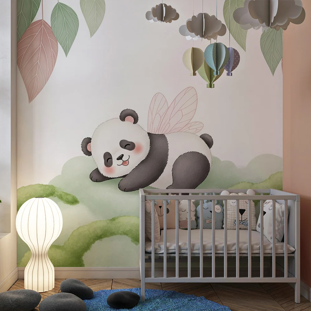 Lastenhuoneen tapetti | Söpö panda siivillä vihreällä pilvellä