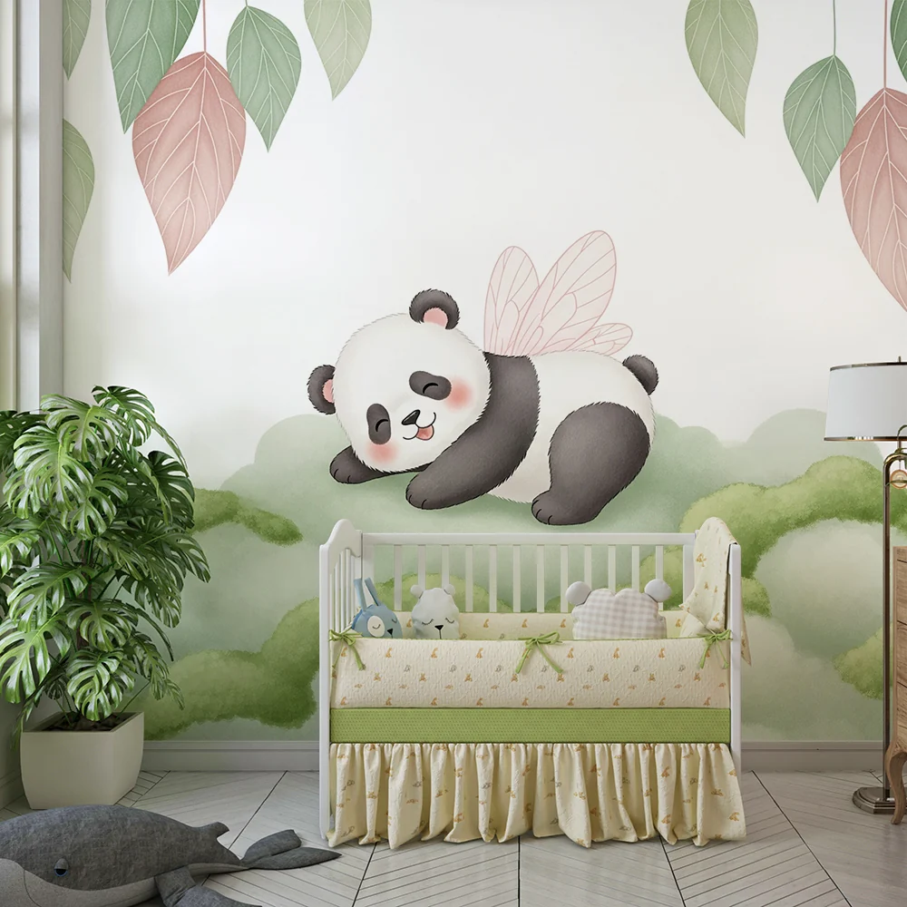 Lastenhuoneen tapetti | Söpö panda siivillä vihreällä pilvellä
