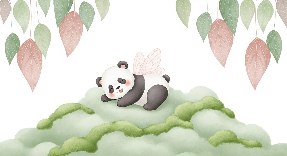 Lastenhuoneen tapetti | Söpö panda siivillä vihreällä pilvellä