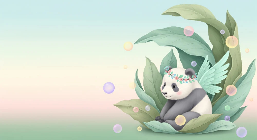 Lastenhuoneen tapetti | Söpö panda siivillä ja värikkäillä kuplilla pehmeän lehtien keskellä
