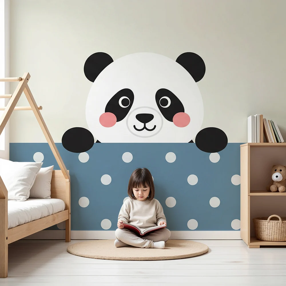 Lastenhuoneen tapetti | Söpö panda sinisellä pilkullisella taustalla