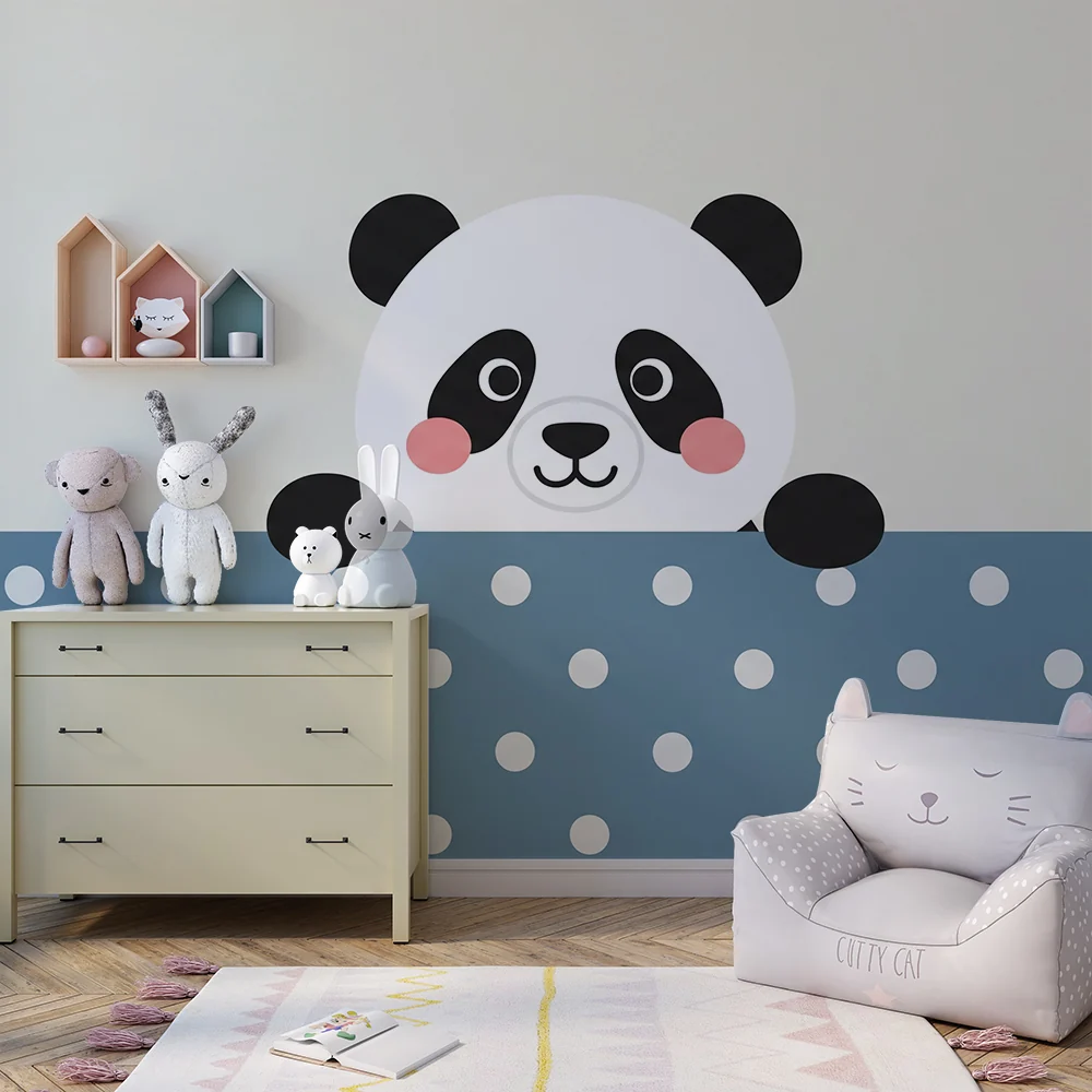 Lastenhuoneen tapetti | Söpö panda sinisellä pilkullisella taustalla