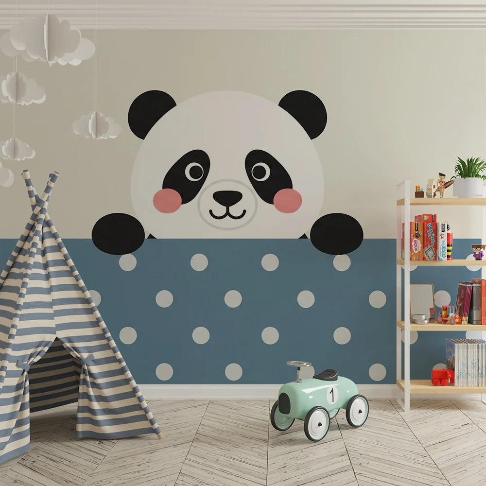 Lastenhuoneen tapetti | Söpö panda sinisellä pilkullisella taustalla