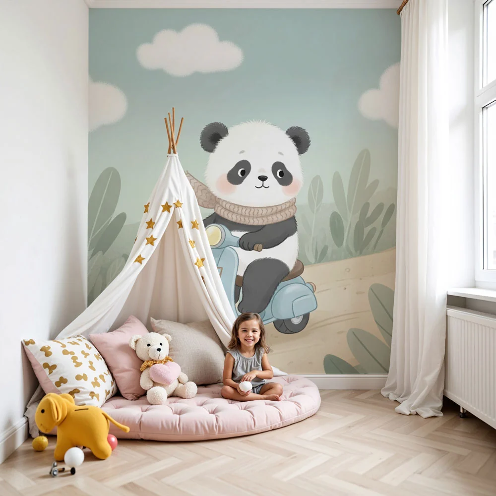 Lastenhuoneen tapetti | Söpö panda skootterilla