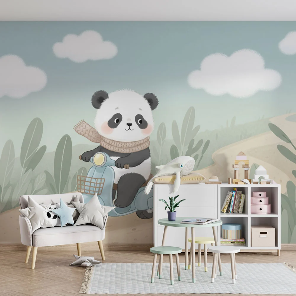 Lastenhuoneen tapetti | Söpö panda skootterilla