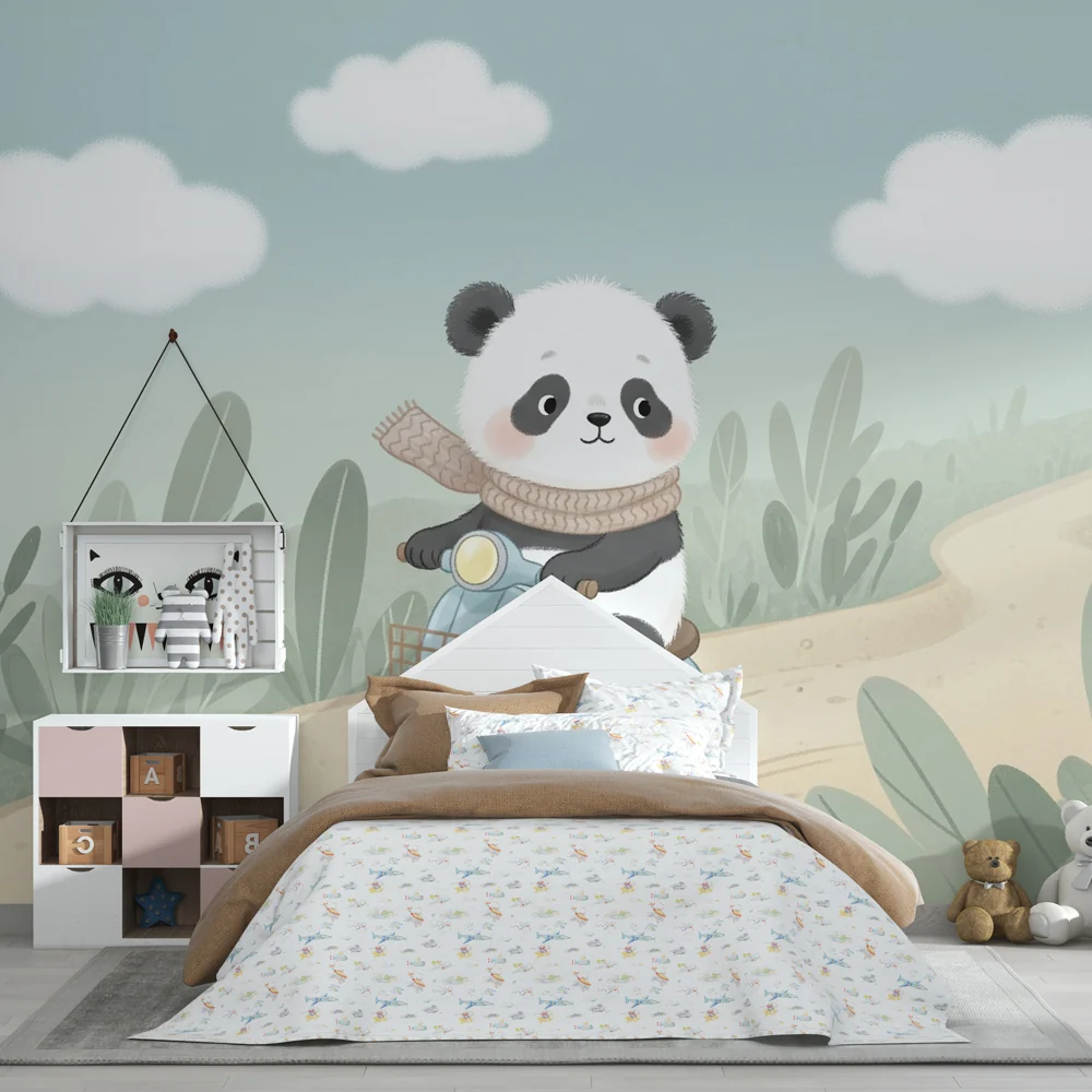 Lastenhuoneen tapetti | Söpö panda skootterilla