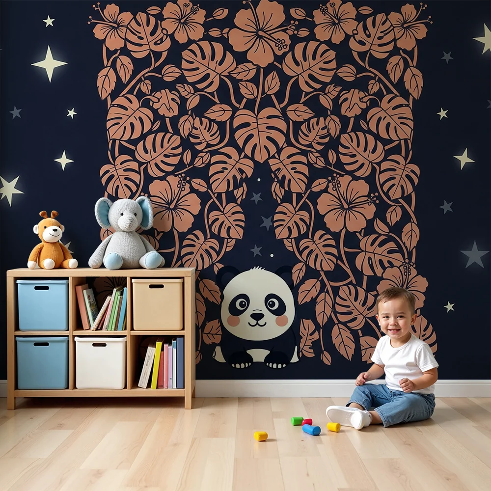 Lastenhuoneen tapetti | Söpö panda ja tähtikirkas viidakko