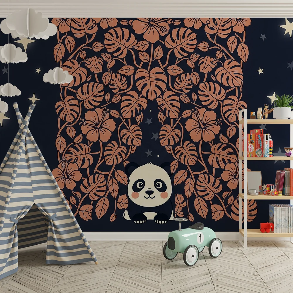Lastenhuoneen tapetti | Söpö panda ja tähtikirkas viidakko