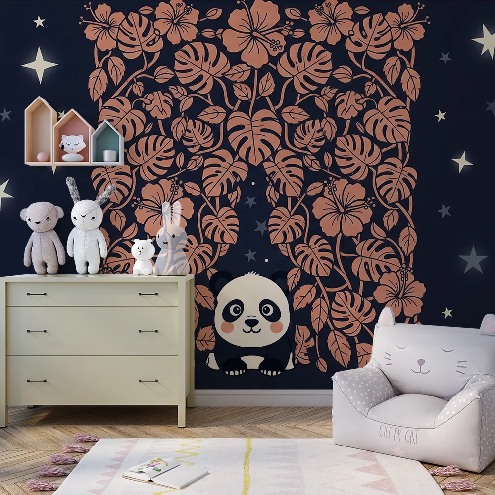 Lastenhuoneen tapetti | Söpö panda ja tähtikirkas viidakko