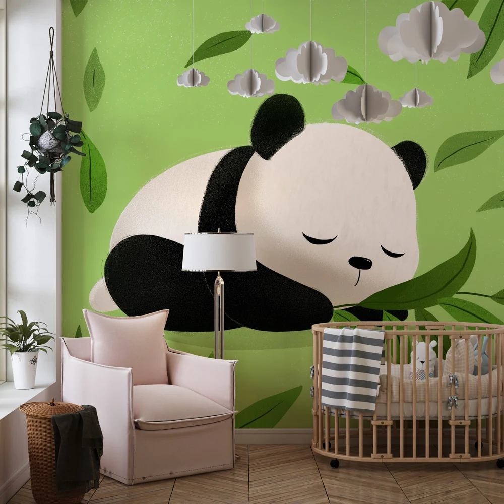 Lastenhuoneen tapetti | Söpö panda ja vihreät lehdet