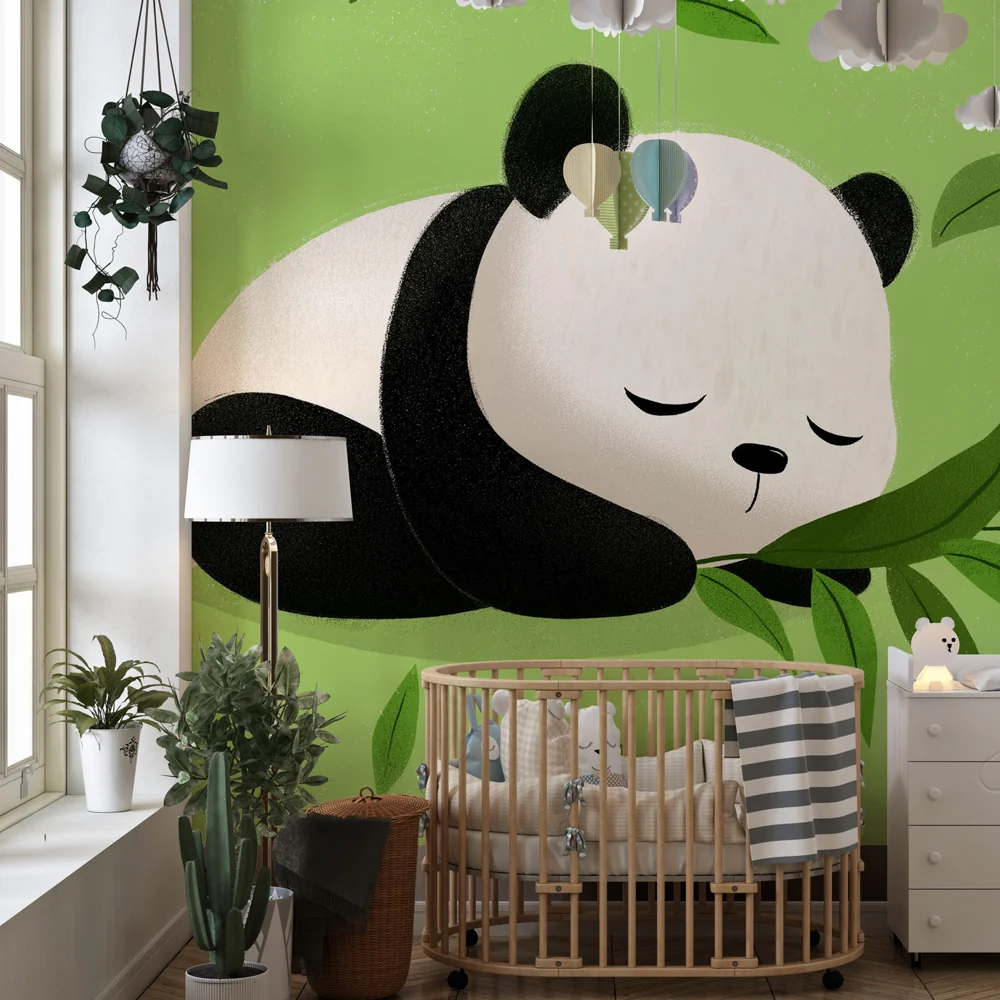 Lastenhuoneen tapetti | Söpö panda ja vihreät lehdet