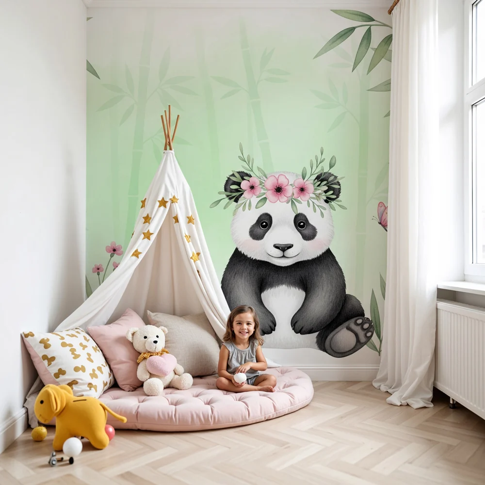 Lastenhuoneen tapetti | Söpö panda ympäröi bambua ja kukkia
