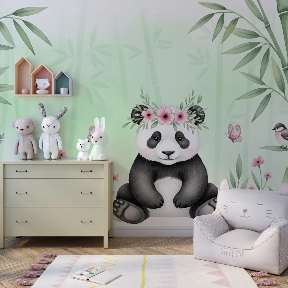 Lastenhuoneen tapetti | Söpö panda ympäröi bambua ja kukkia