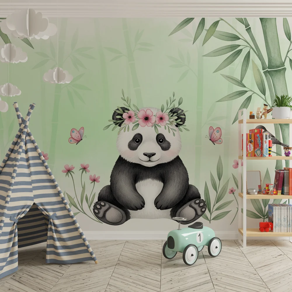 Lastenhuoneen tapetti | Söpö panda ympäröi bambua ja kukkia