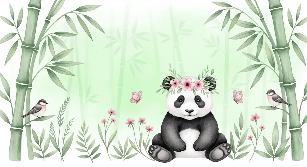 Lastenhuoneen tapetti | Söpö panda ympäröi bambua ja kukkia
