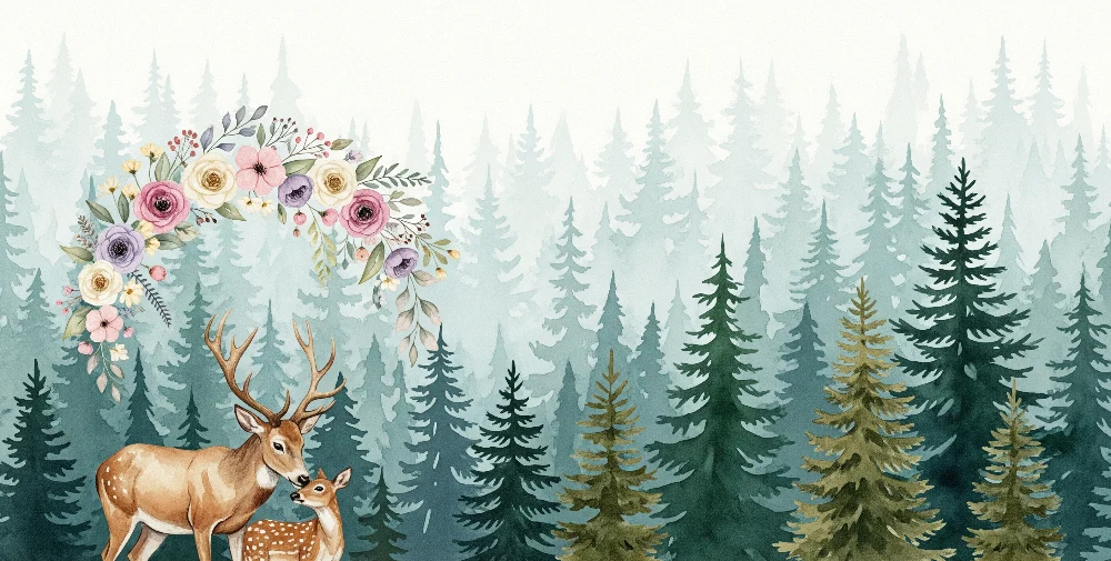 Lastenhuoneen tapetti | Peurat ja kukat lumotussa metsässä
