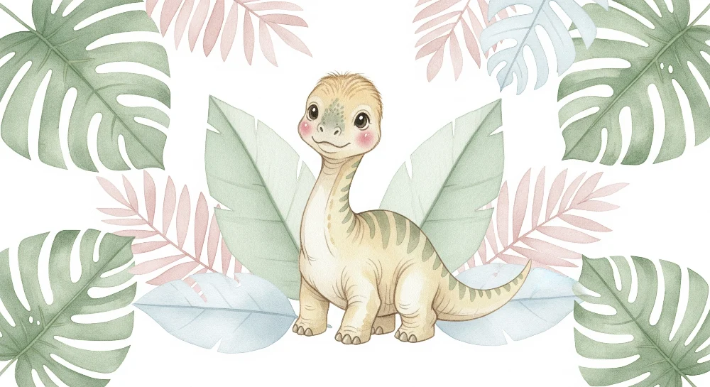 Lastenhuoneen tapetti | Söpö pieni dinosaurus trooppisten lehtien ympäröimänä