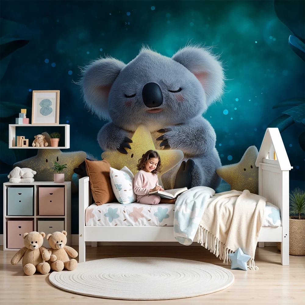 Lastenhuoneen tapetti | Pieni halaava koala kirkkailla tähdillä