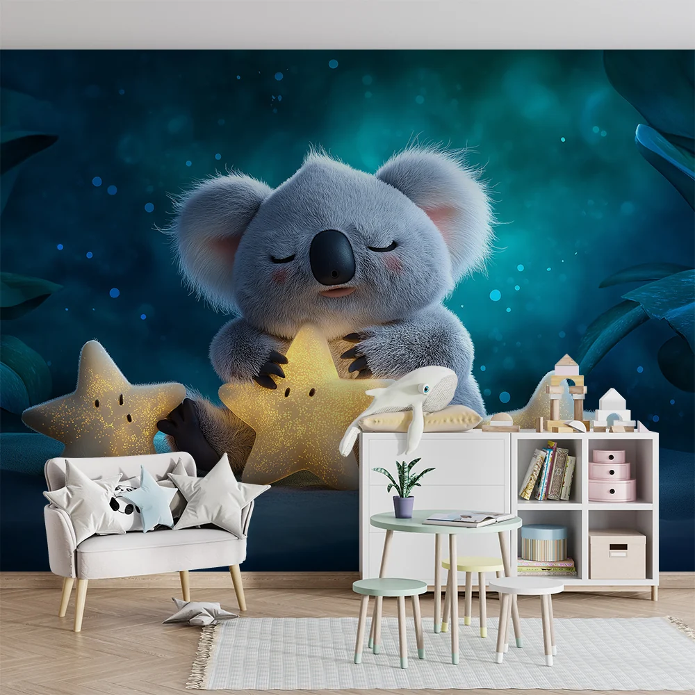 Lastenhuoneen tapetti | Pieni halaava koala kirkkailla tähdillä