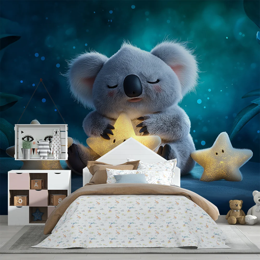 Lastenhuoneen tapetti | Pieni halaava koala kirkkailla tähdillä