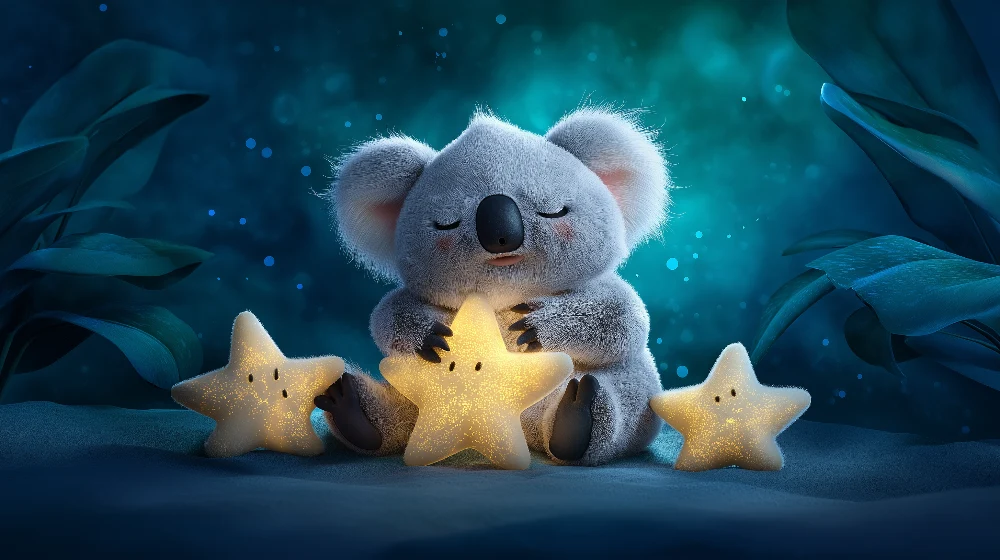 Lastenhuoneen tapetti | Pieni halaava koala kirkkailla tähdillä