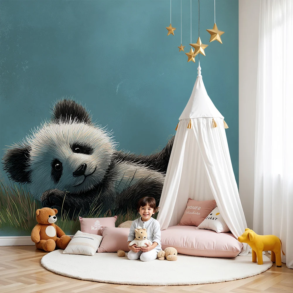 Lastenhuoneen tapetti | Pieni ilkikurinen panda sinisellä pohjalla