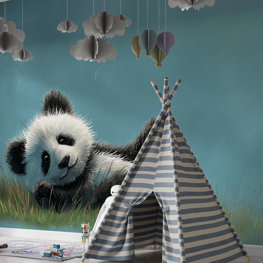 Lastenhuoneen tapetti | Pieni ilkikurinen panda sinisellä pohjalla