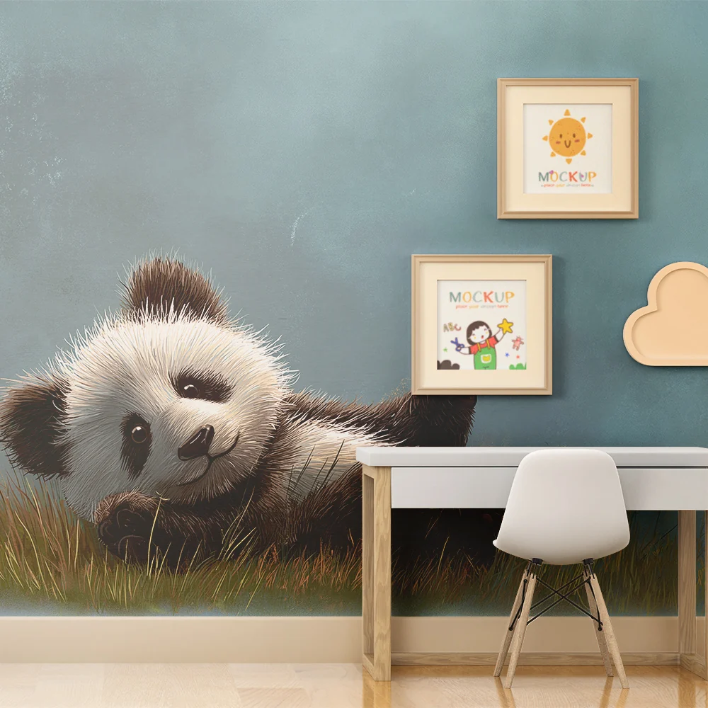 Lastenhuoneen tapetti | Pieni ilkikurinen panda sinisellä pohjalla