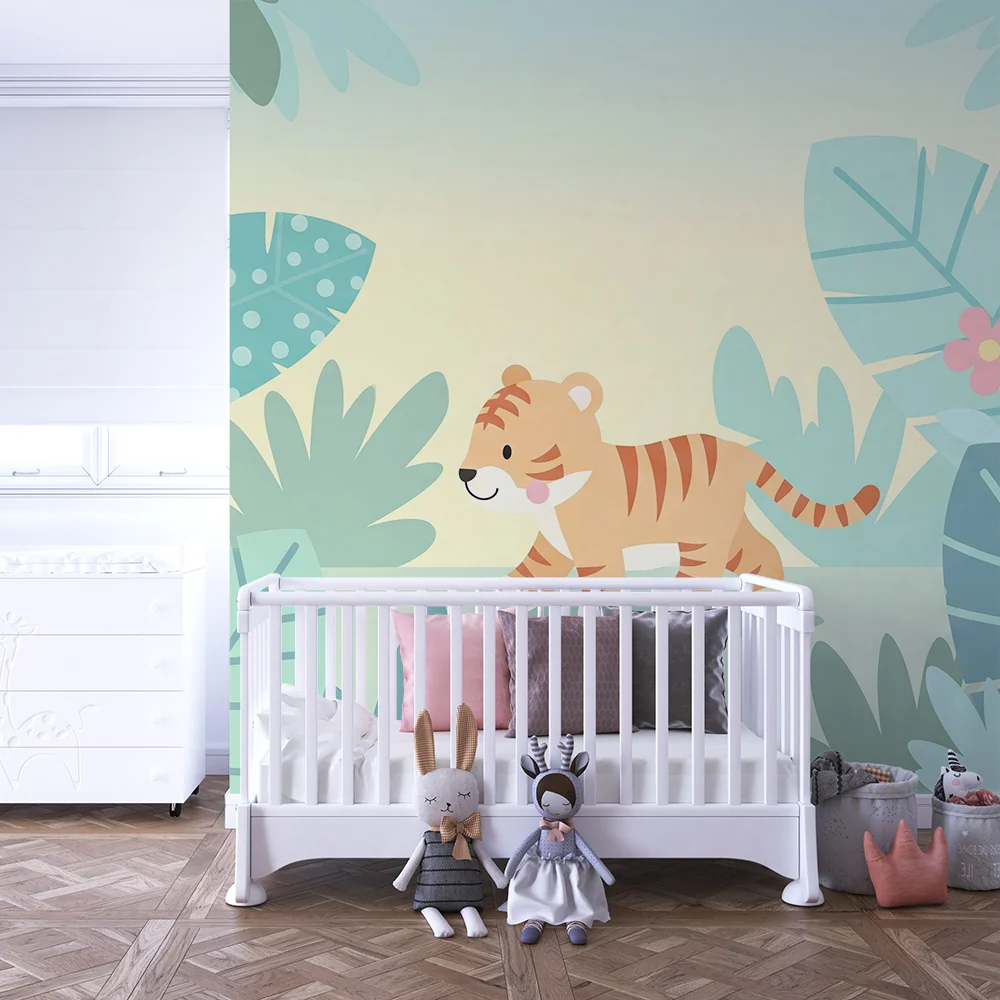 Lastenhuoneen tapetti | Pieni ilkikurinen tiikeri värikkäässä viidakossa
