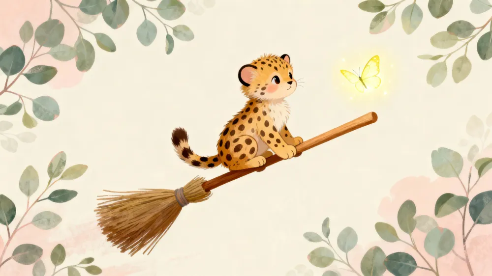 Lastenhuoneen tapetti | Pieni leopardi luudalla ja kirkas perhonen