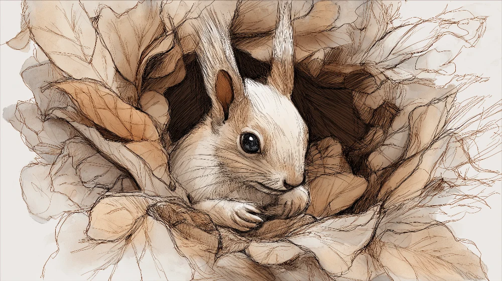 Lastenhuoneen tapetti | Pieni orava kietoutuneena herkkiin lehtiin