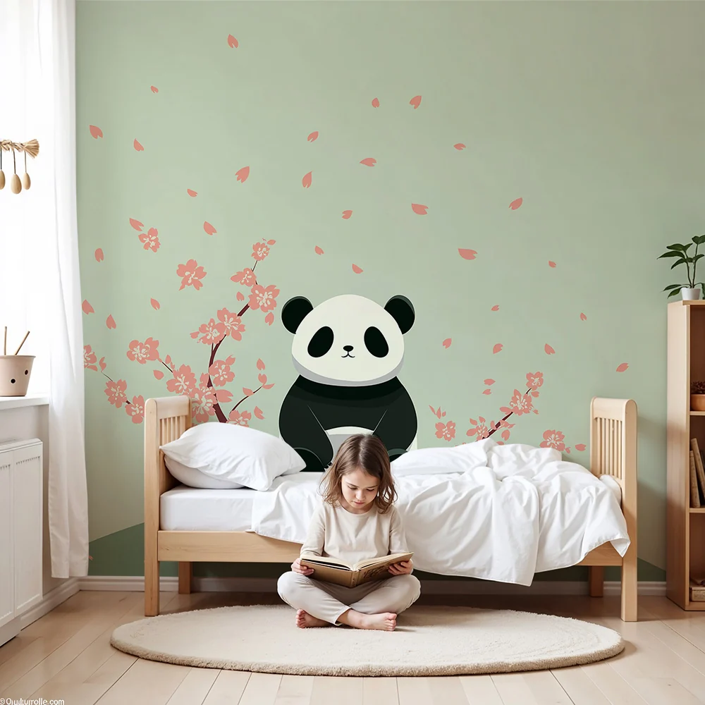 Lastenhuoneen tapetti | Söpö pieni panda kukkivien kirsikkapuiden alla