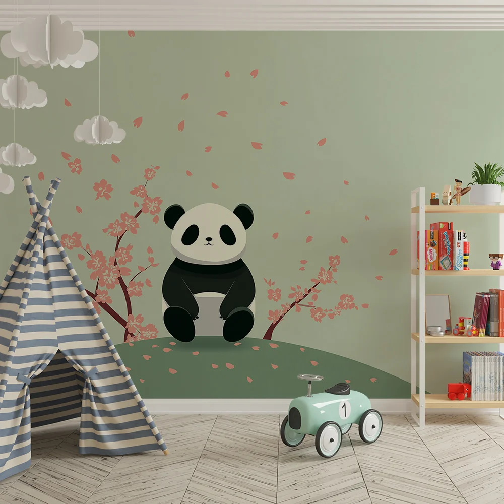 Lastenhuoneen tapetti | Söpö pieni panda kukkivien kirsikkapuiden alla