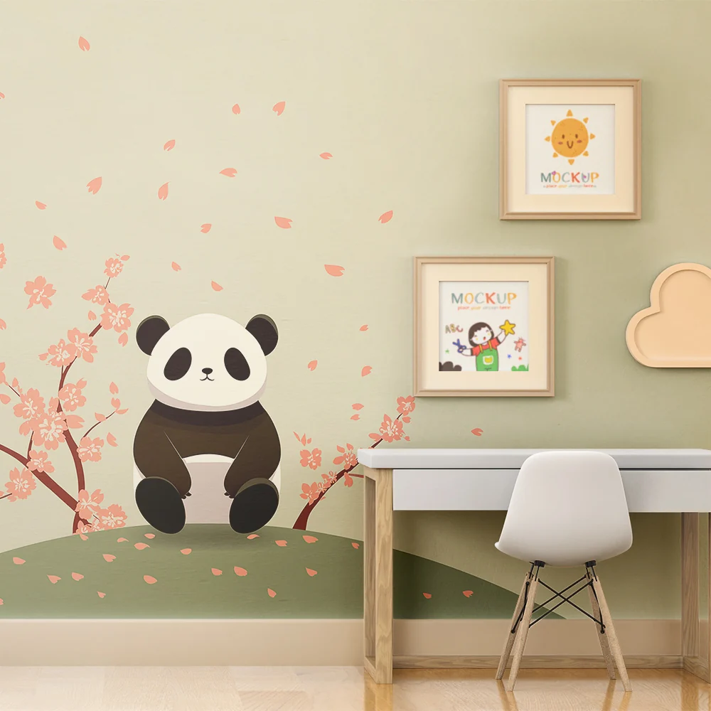 Lastenhuoneen tapetti | Söpö pieni panda kukkivien kirsikkapuiden alla