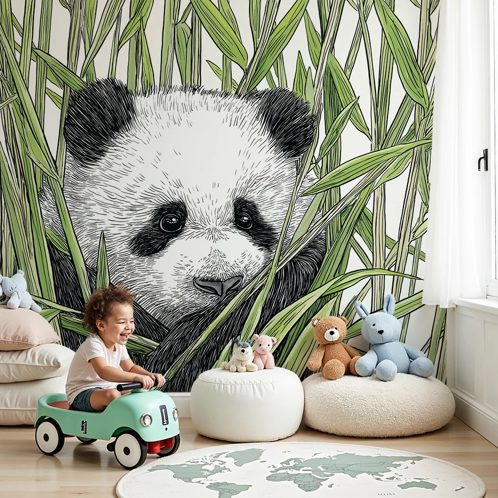 Lastenhuoneen tapetti | Pieni panda piiloutuu bambuun