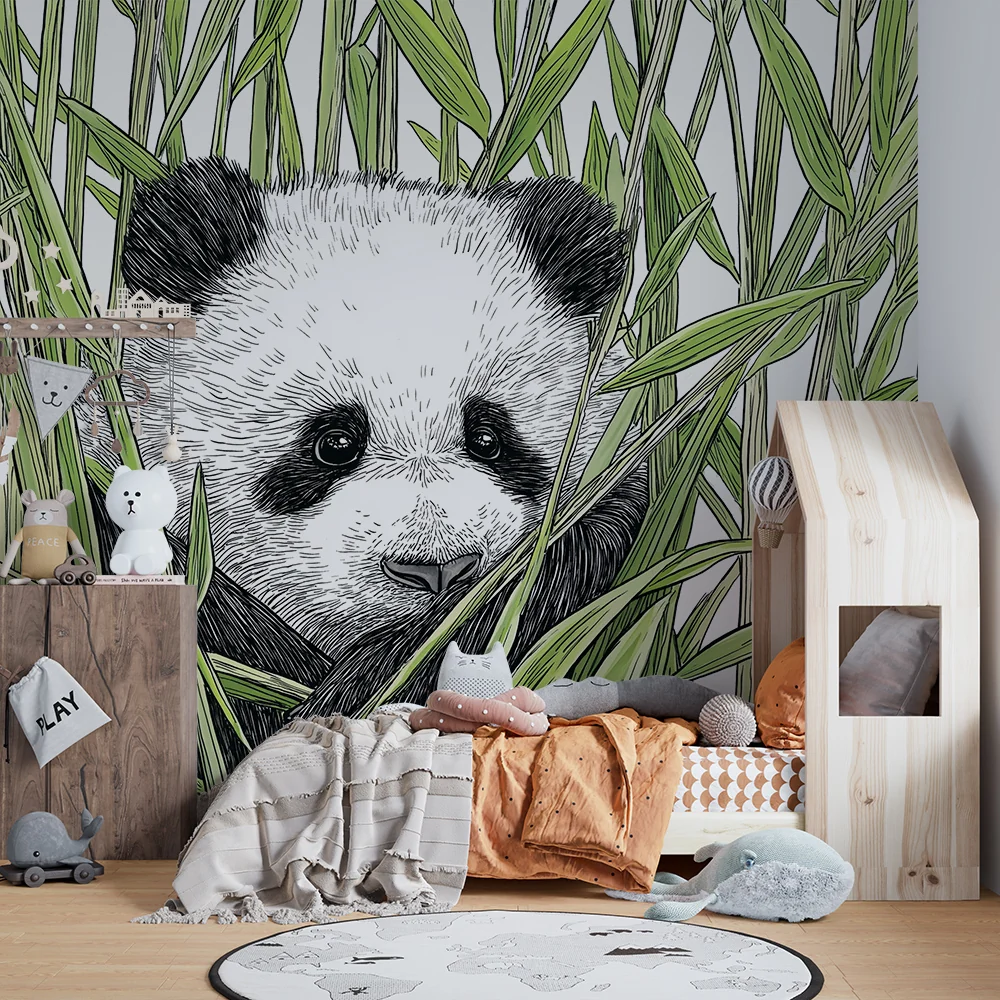 Lastenhuoneen tapetti | Pieni panda piiloutuu bambuun