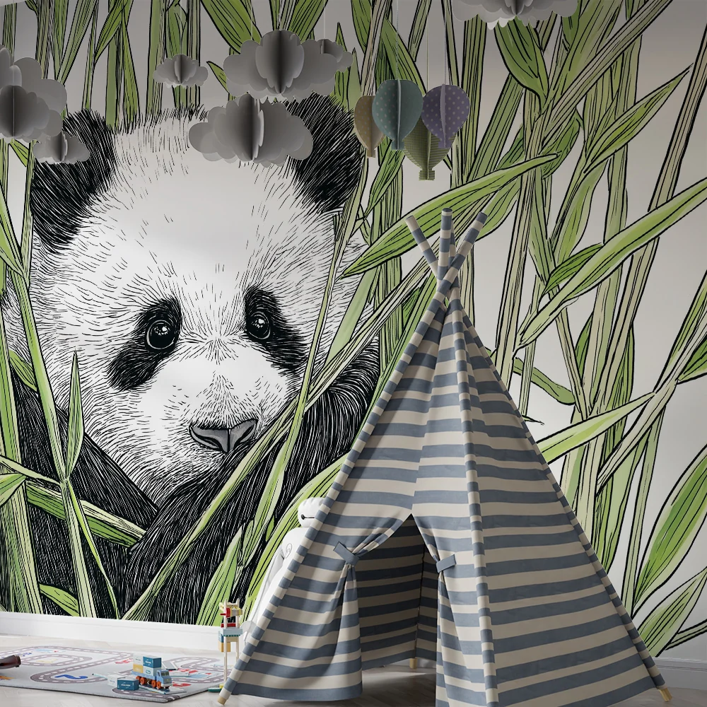 Lastenhuoneen tapetti | Pieni panda piiloutuu bambuun