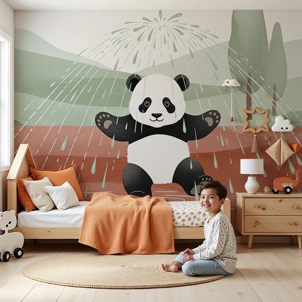 Lastenhuoneen tapetti | Pieni panda sateessa