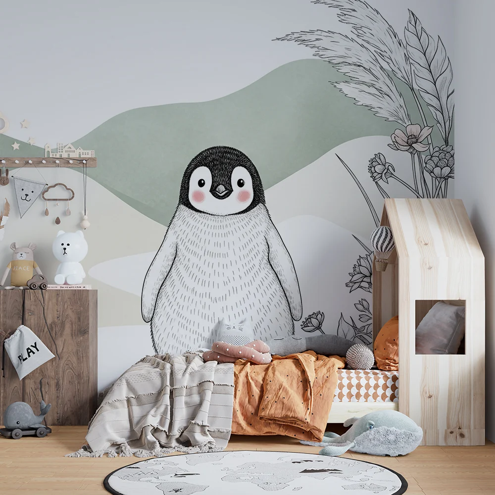Lastenhuoneen tapetti | Pieni pingviini ja lempeät maisemat
