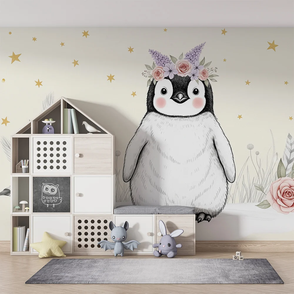 Lastenhuoneen tapetti | Söpö pingviini kukilla ja tähdillä